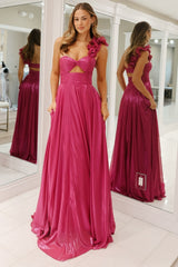Metallic Fuchsia Long Prom Dress with One Shoulder and A-Line Slit