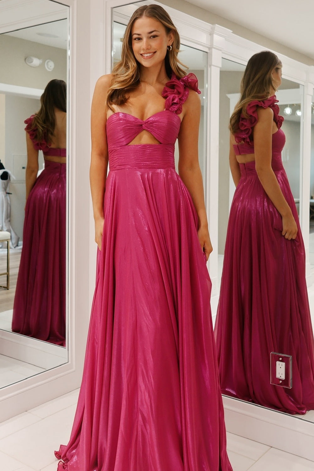 Metallic Fuchsia Long Prom Dress with One Shoulder and A-Line Slit