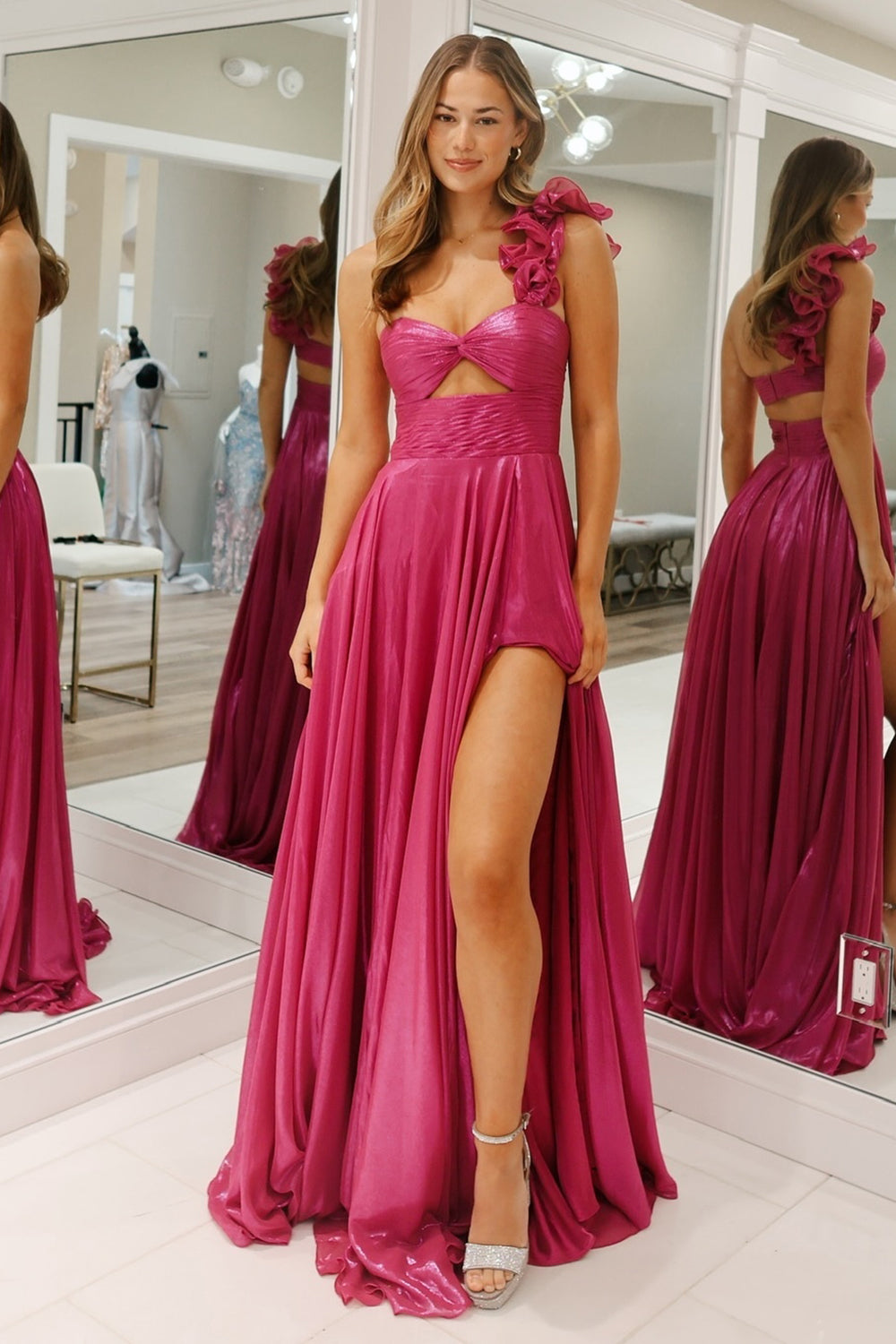 Metallic Fuchsia Long Prom Dress with One Shoulder and A-Line Slit