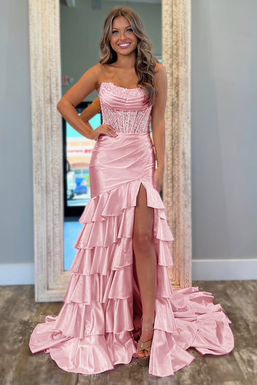 Strapless Satin Mermaid Prom Dress with Glitter Blush Ruffles and Sequins