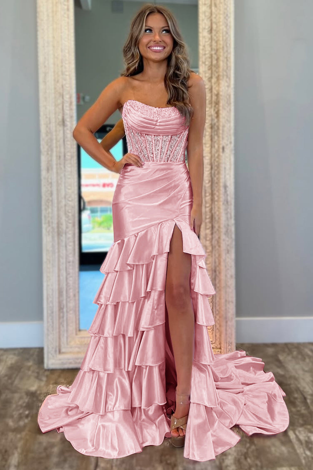 Strapless Satin Mermaid Prom Dress with Glitter Blush Ruffles and Sequins