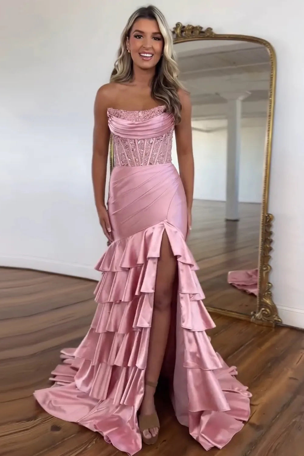 Satin Mermaid Prom Dress with Sequins in Blush - Strapless and Tiered
