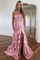 Satin Mermaid Prom Dress with Sequins in Blush - Strapless and Tiered