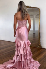 Long Satin Prom Dress in Lilac with Strapless Mermaid Silhouette and Tiered Slit