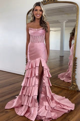 Satin Mermaid Prom Dress with Sequins in Blush - Strapless and Tiered