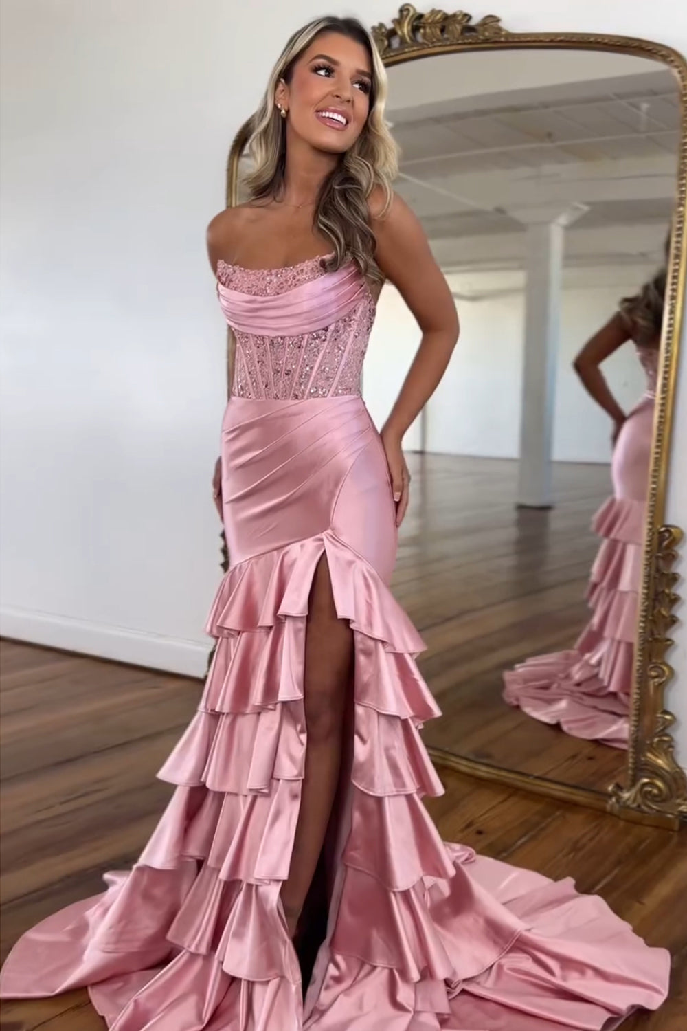 Satin Mermaid Prom Dress with Sequins in Blush - Strapless and Tiered