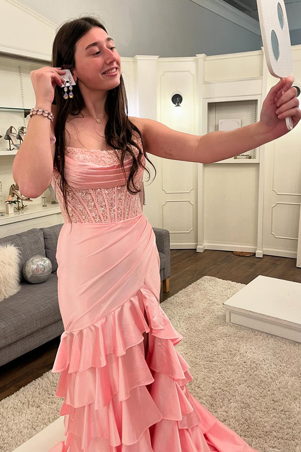 Strapless Mermaid Prom Dress with Glitter Blush Satin and Ruffled Sequins
