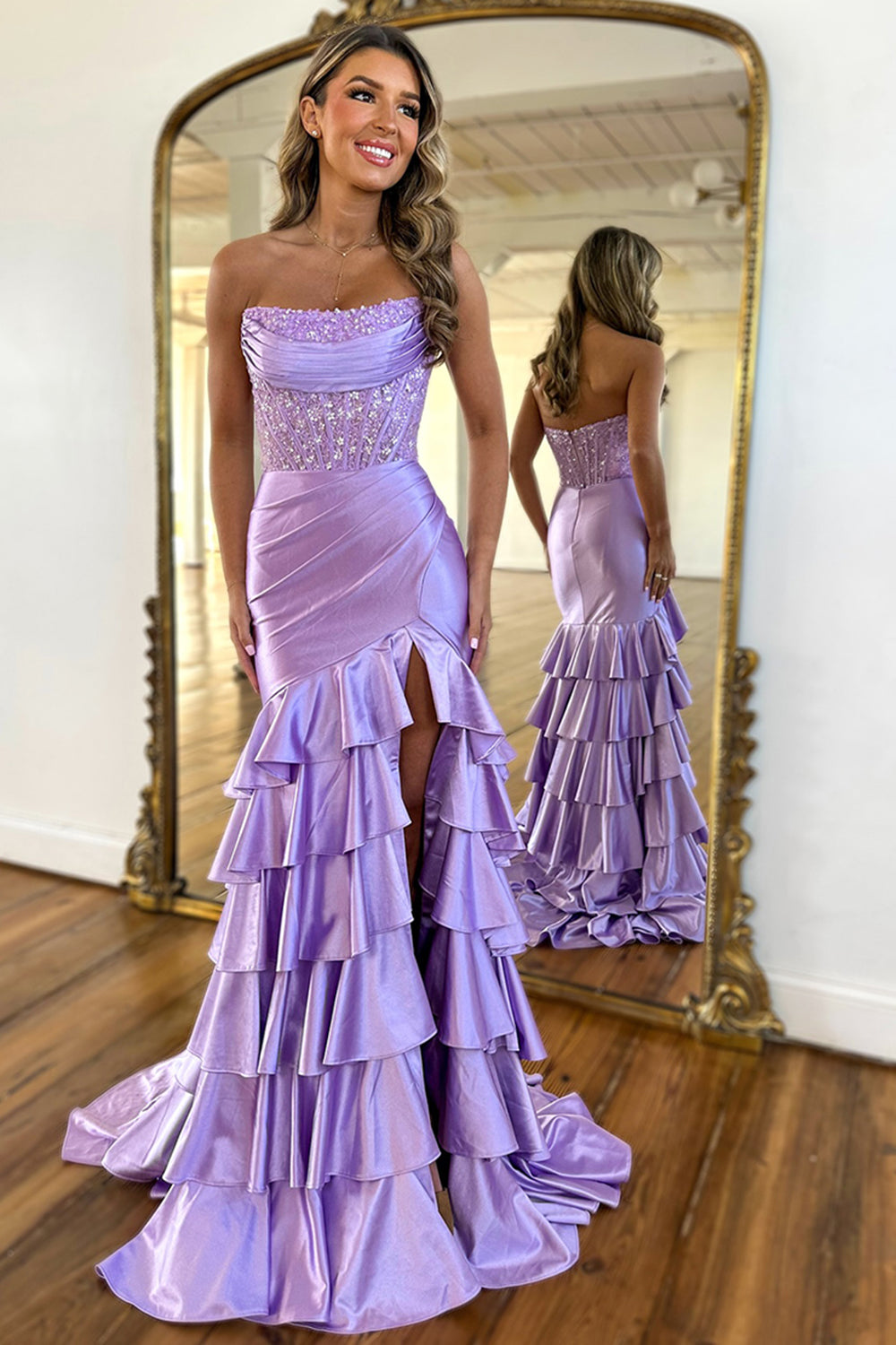 Strapless Satin Mermaid Prom Dress with Glitter Blush Ruffles and Sequins