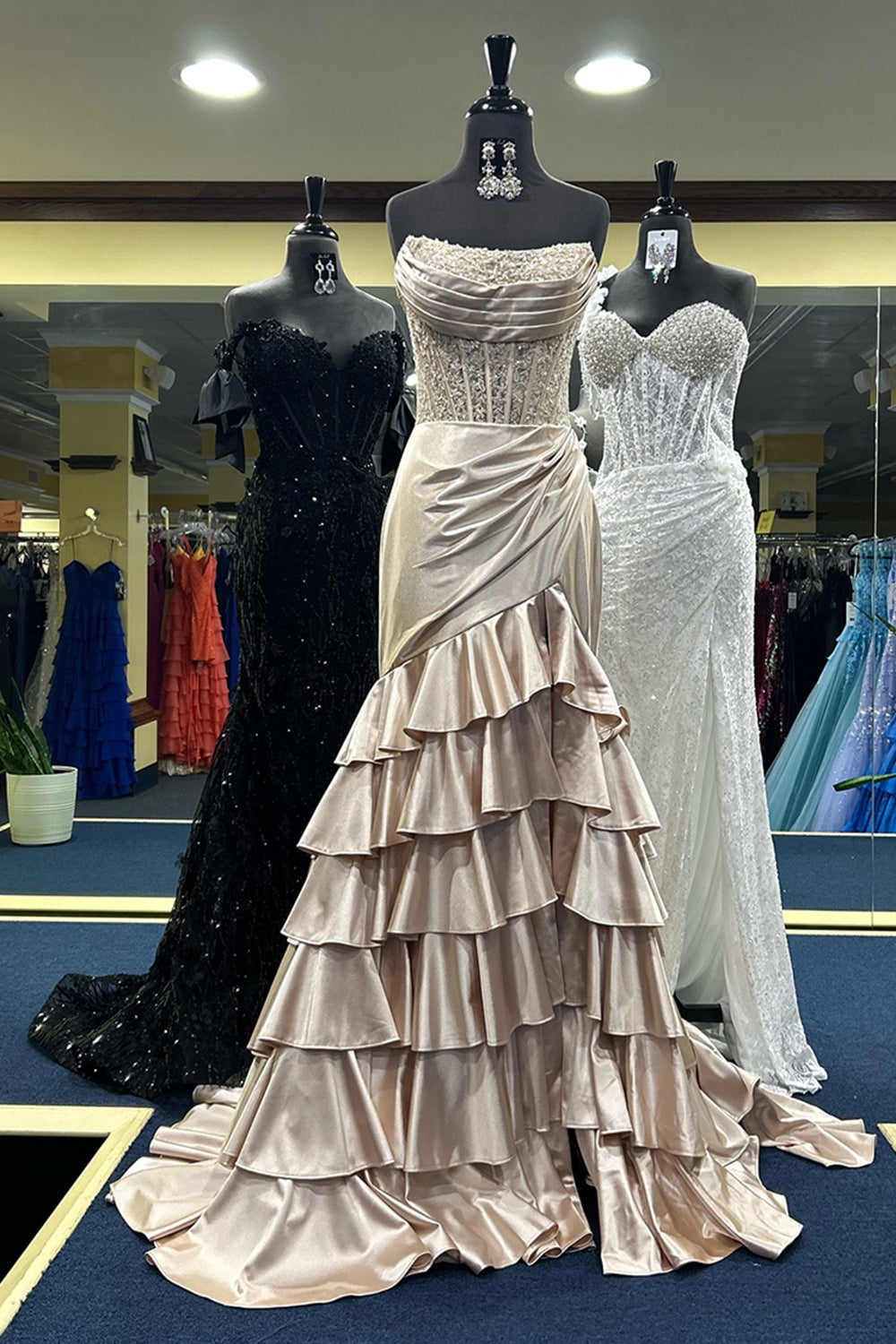 Satin Mermaid Prom Dress with Sequins in Blush - Strapless and Tiered