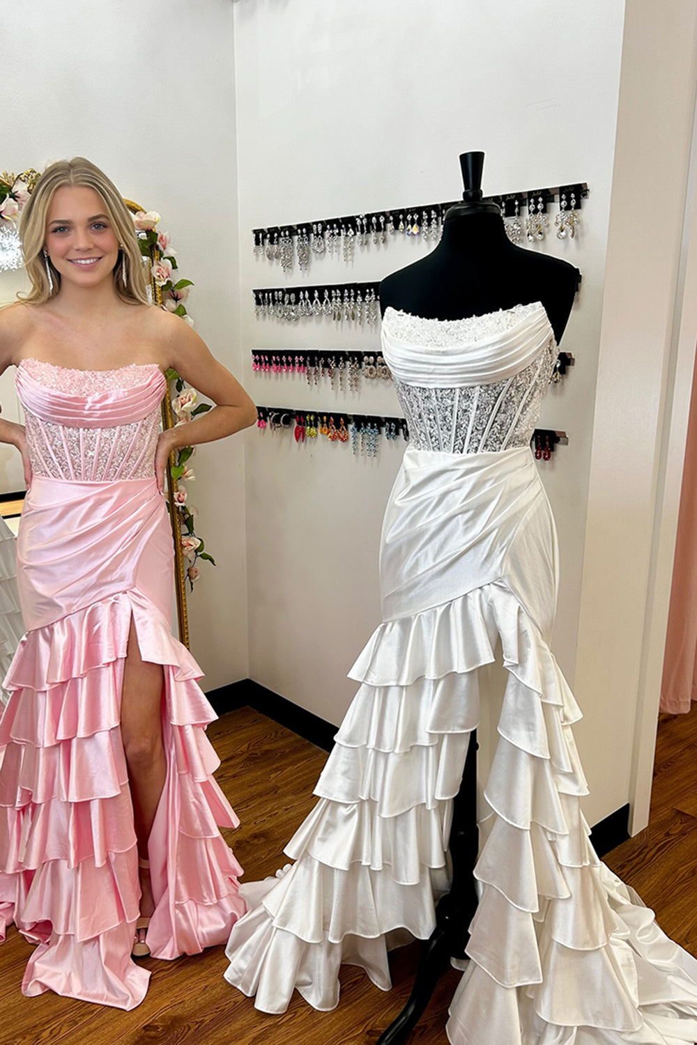 Strapless Satin Mermaid Prom Dress with Glitter Blush Ruffles and Sequins