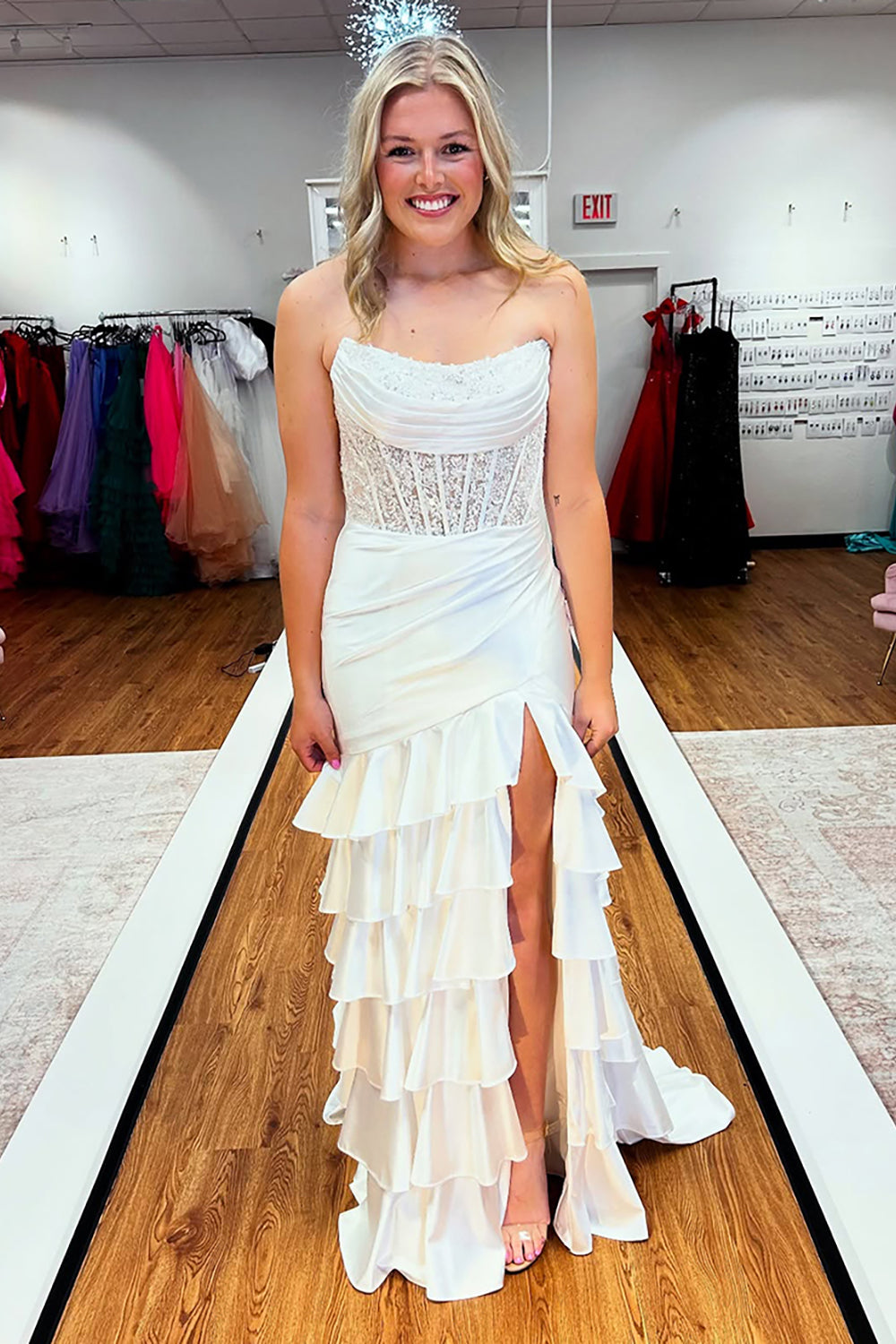 Long Satin Prom Dress in Lilac with Strapless Mermaid Silhouette and Tiered Slit