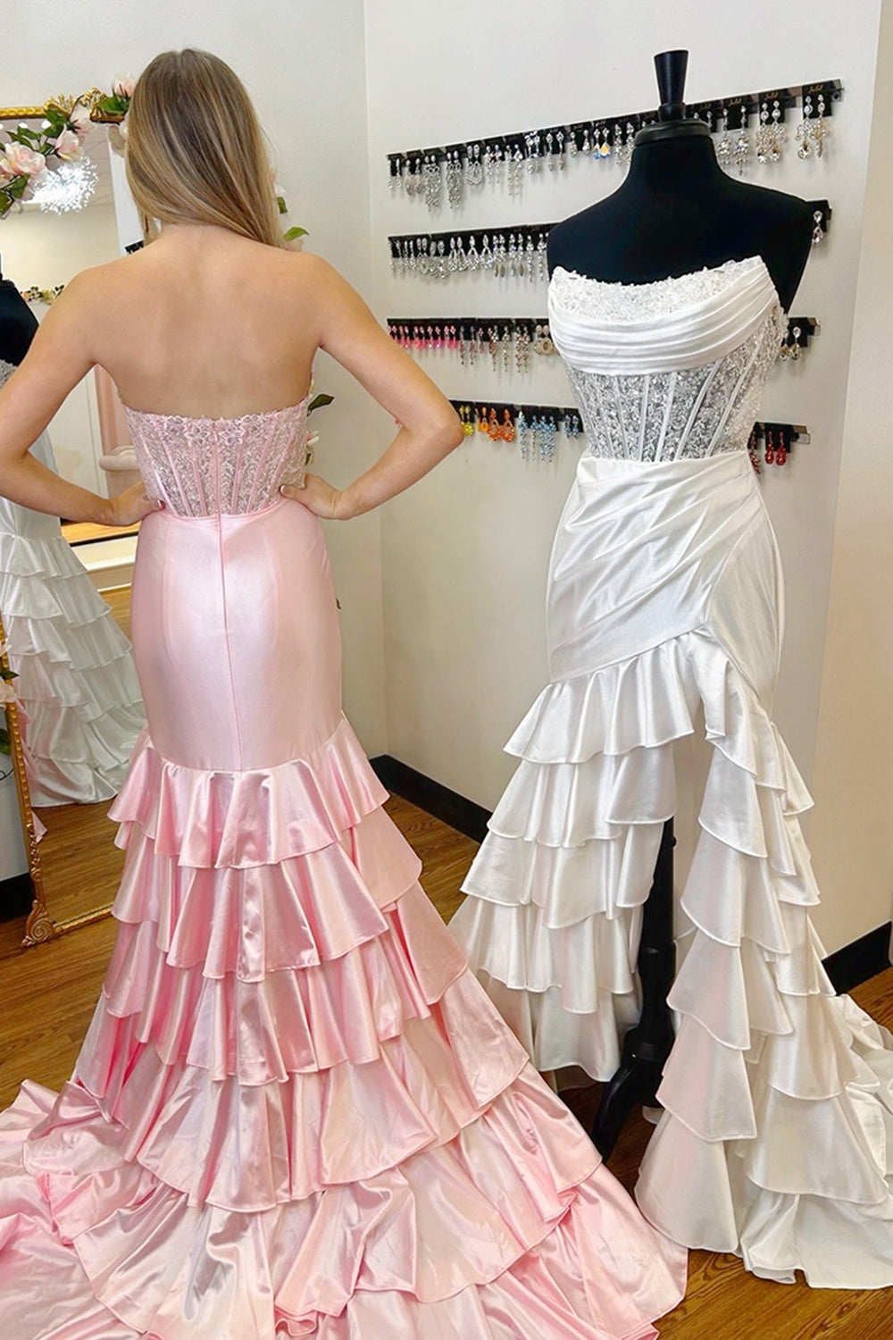 Strapless Satin Mermaid Prom Dress with Glitter Blush Ruffles and Sequins