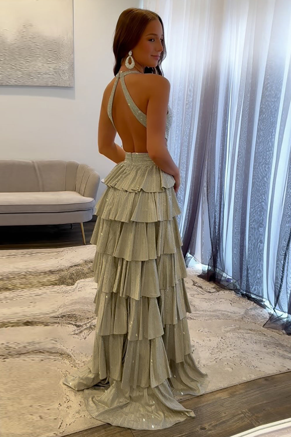 Sparkly Beaded Long Prom Dress in Light Purple with Corset and A-Line Slit