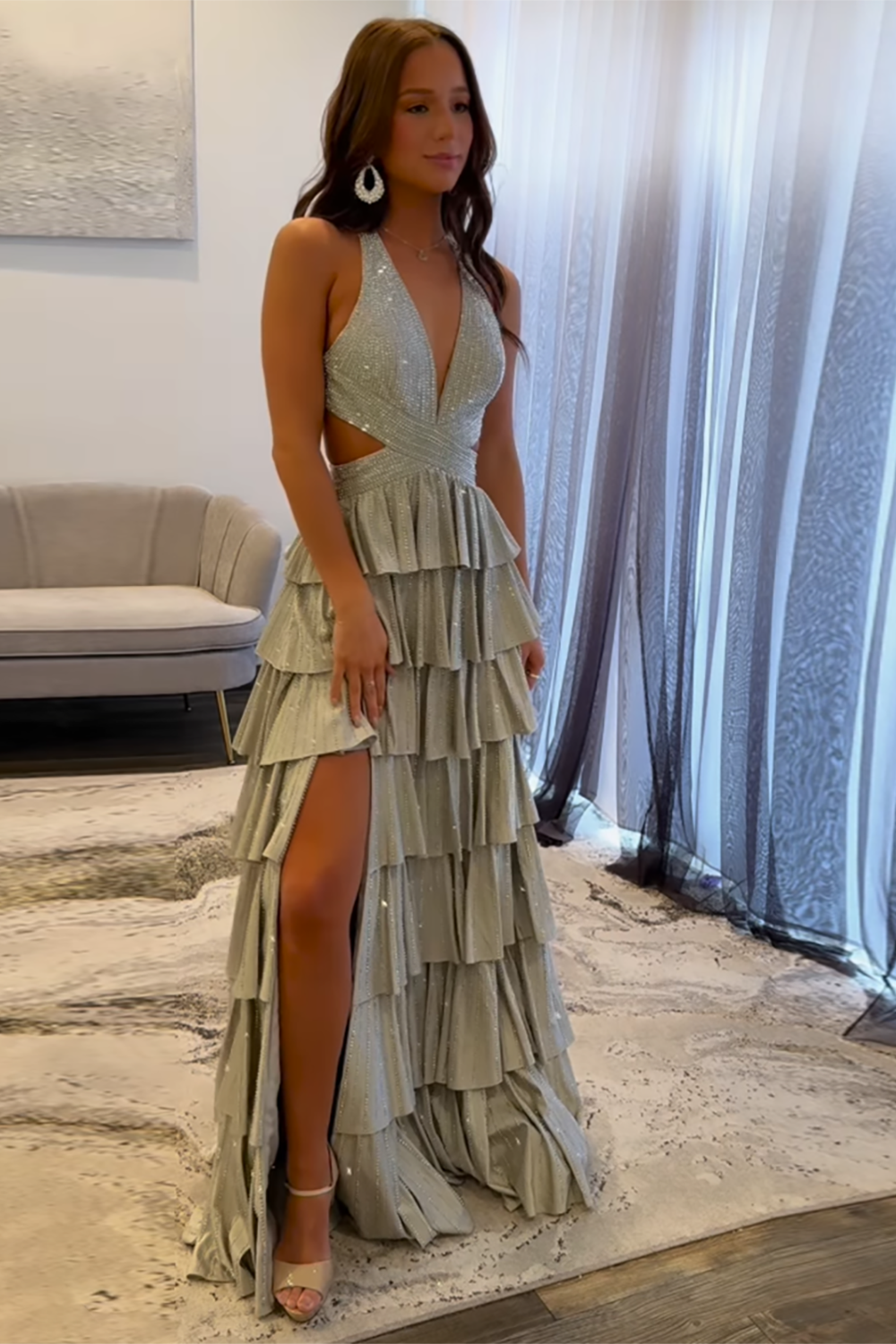 Sparkly Beaded Long Prom Dress in Light Purple with Corset and A-Line Slit
