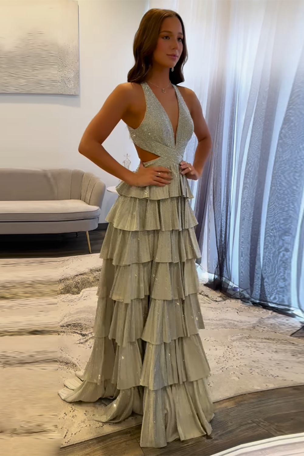 Grey Sparkle Corset A-Line Beaded Prom Gown with Tiered Skirt and Slit