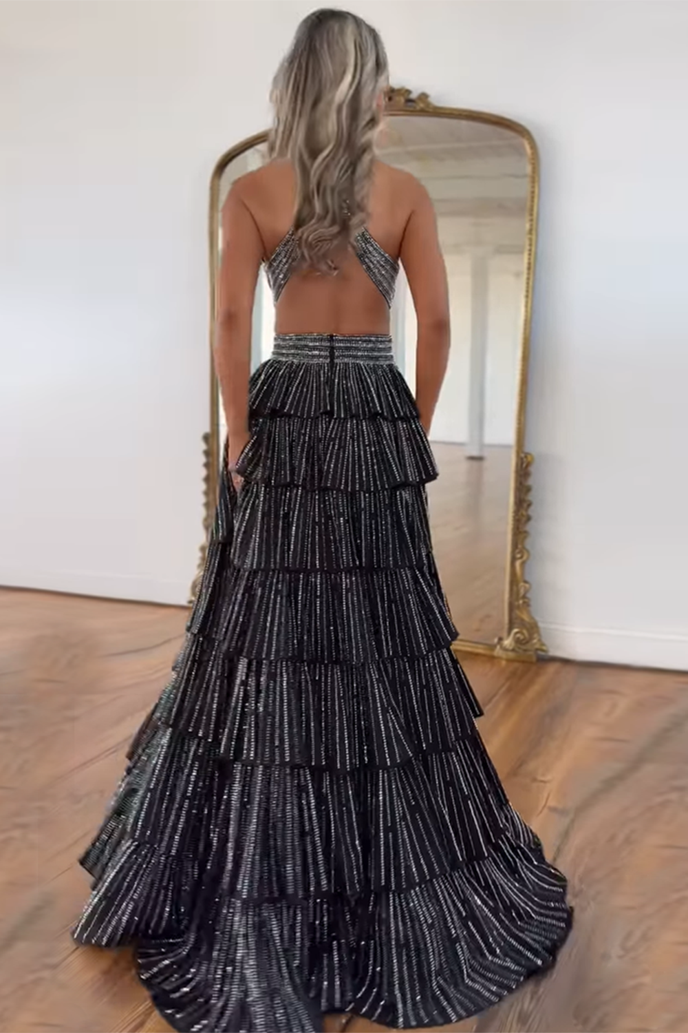 Long Black Beaded Corset Prom Dress with Sparkly A-Line and Slit