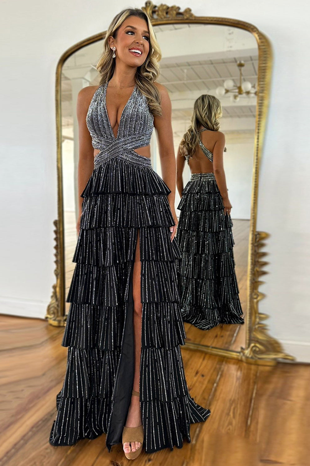 Long Black Beaded Corset Prom Dress with Sparkly A-Line and Slit