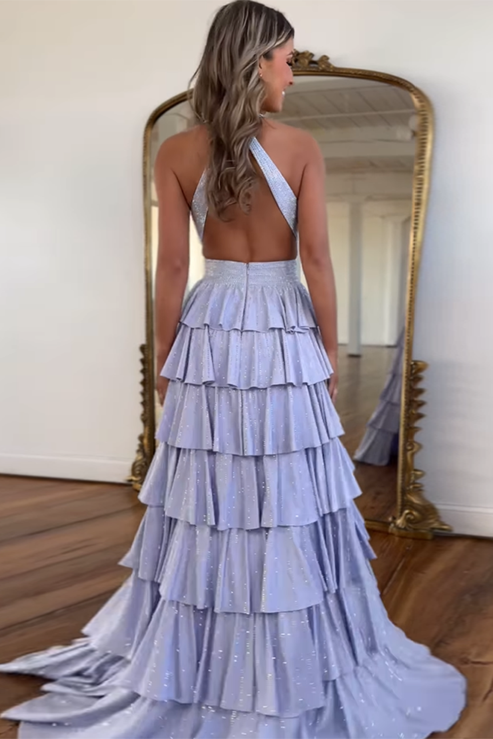 Sparkly Beaded Long Prom Dress in Light Purple with Corset and A-Line Slit