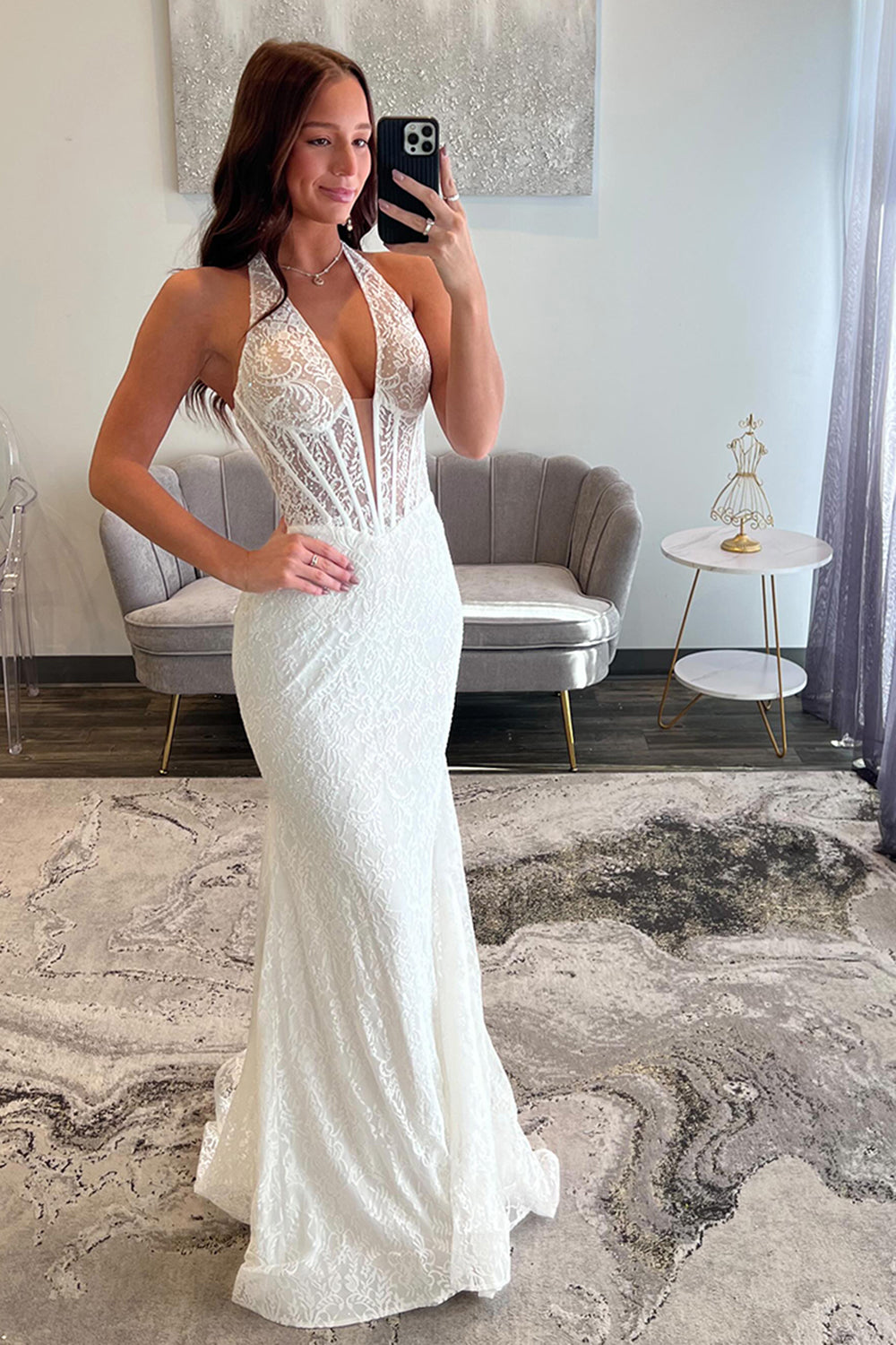 Long Mermaid Prom Dress with Yellow Lace Halter Neck Corset