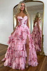 Blush Floral A-Line Long Chiffon Prom Dress with Corset and Tiered Slit