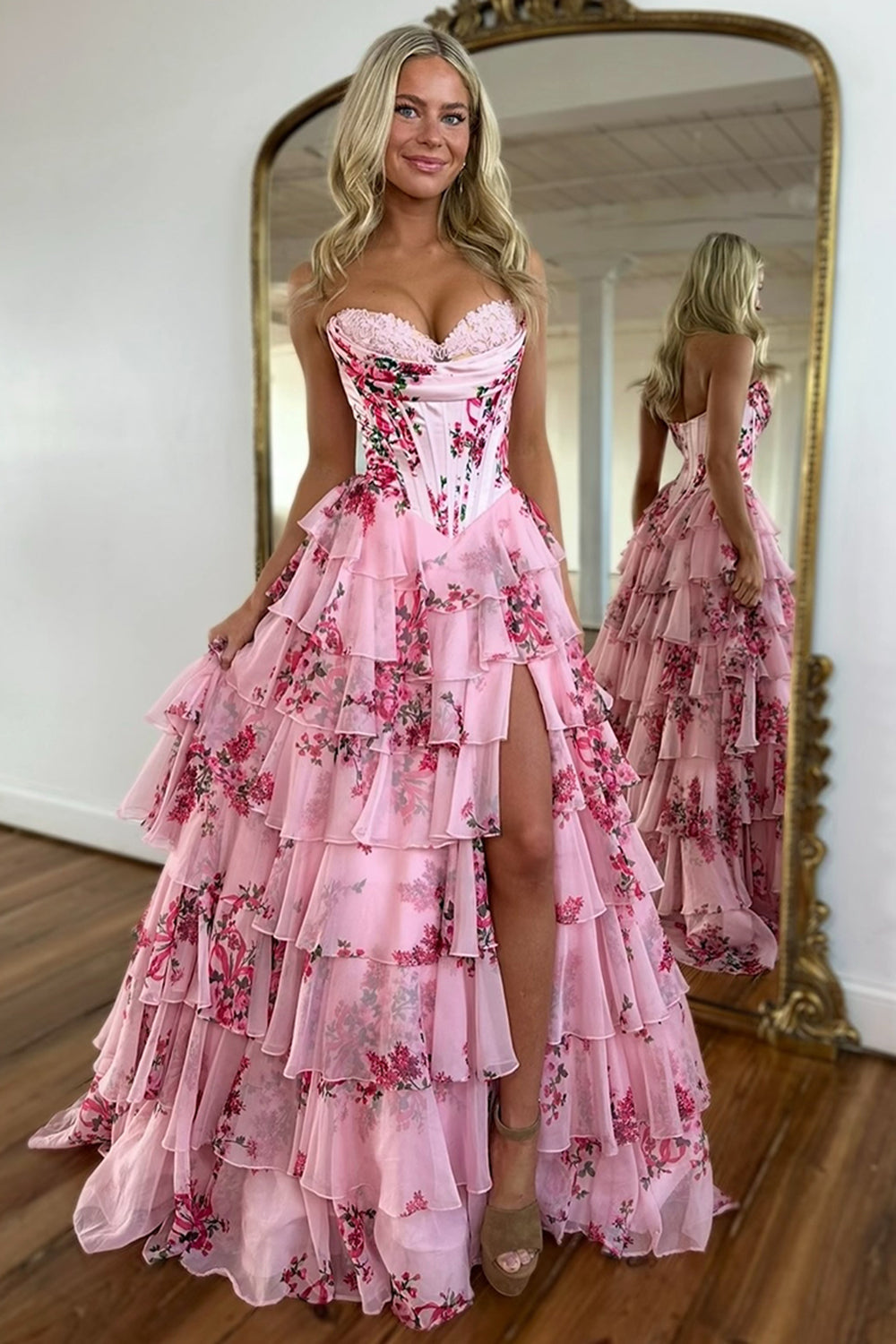 Tiered Blush Chiffon Corset Prom Dress with Floral A-Line and Slit