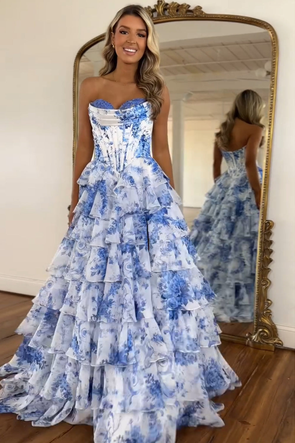 Blush Floral A-Line Long Chiffon Prom Dress with Corset and Tiered Slit