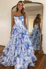 Blush Floral A-Line Long Chiffon Prom Dress with Corset and Tiered Slit