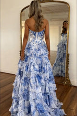 Blush Floral A-Line Long Chiffon Prom Dress with Corset and Tiered Slit