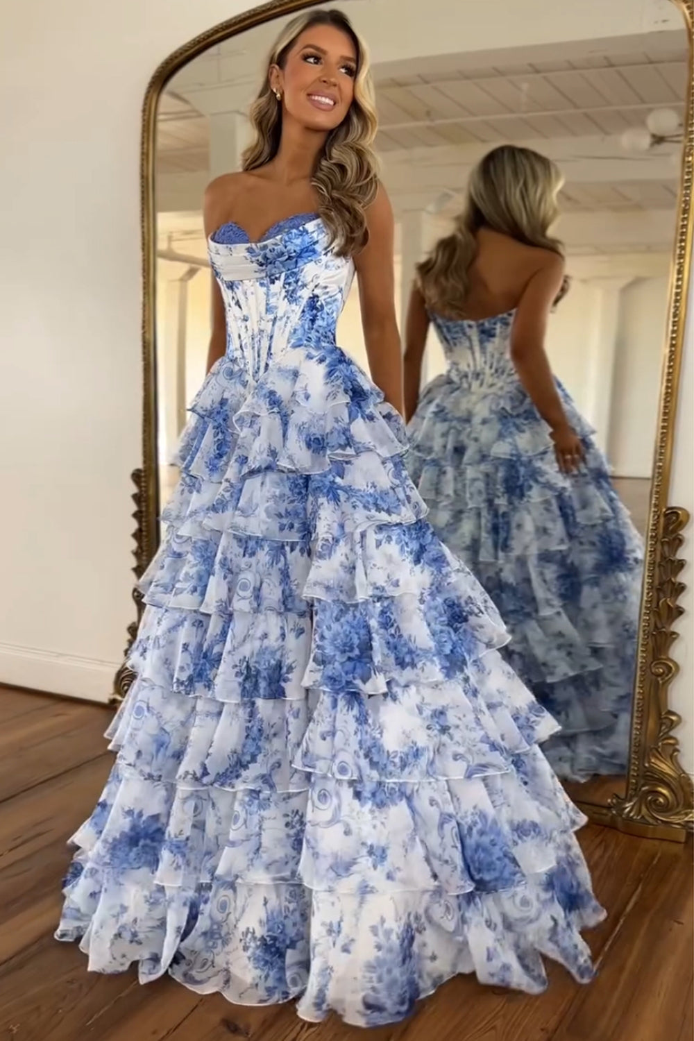 Sweetheart Blush A-Line Corset Prom Dress with Floral Ruffles and Long Chiffon Slit