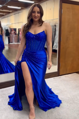 Long Satin Prom Corset Dress with Beading in Royal Blue Mermaid Sweetheart Style