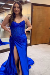Long Satin Prom Corset Dress with Beading in Royal Blue Mermaid Sweetheart Style