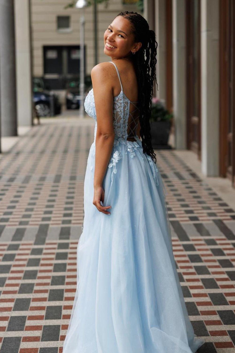 Long A-Line Corset Prom Dress in Light Blue with Spaghetti Straps Tulle and Appliques