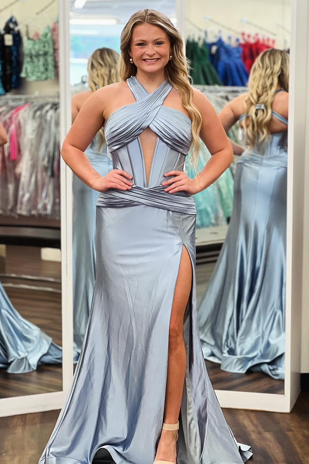 Long Dark Green Mermaid Satin Prom Dress with Halter Neck and Slit