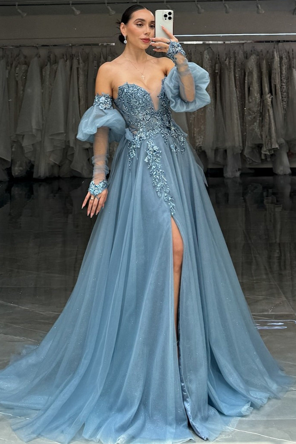 Sweetheart A-Line Long Prom Dress in Sparkly Grey Blue Tulle with Corset and Appliques
