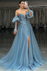 Sweetheart A-Line Long Prom Dress in Sparkly Grey Blue Tulle with Corset and Appliques