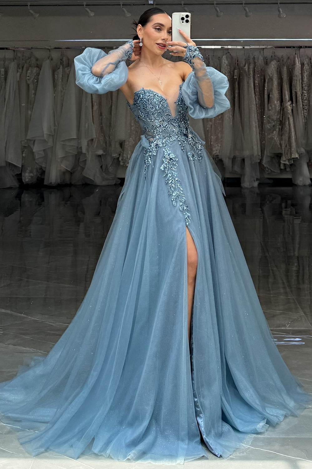 Sweetheart A-Line Long Prom Dress in Sparkly Grey Blue Tulle with Corset and Appliques