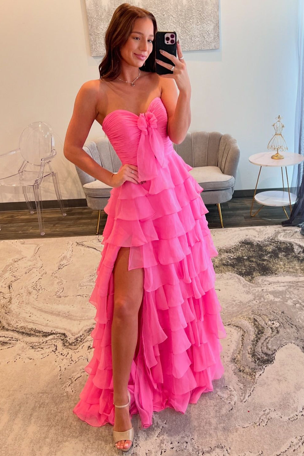 Long A Line Chiffon Prom Dress in Yellow with Strapless Design and Tiered Slit