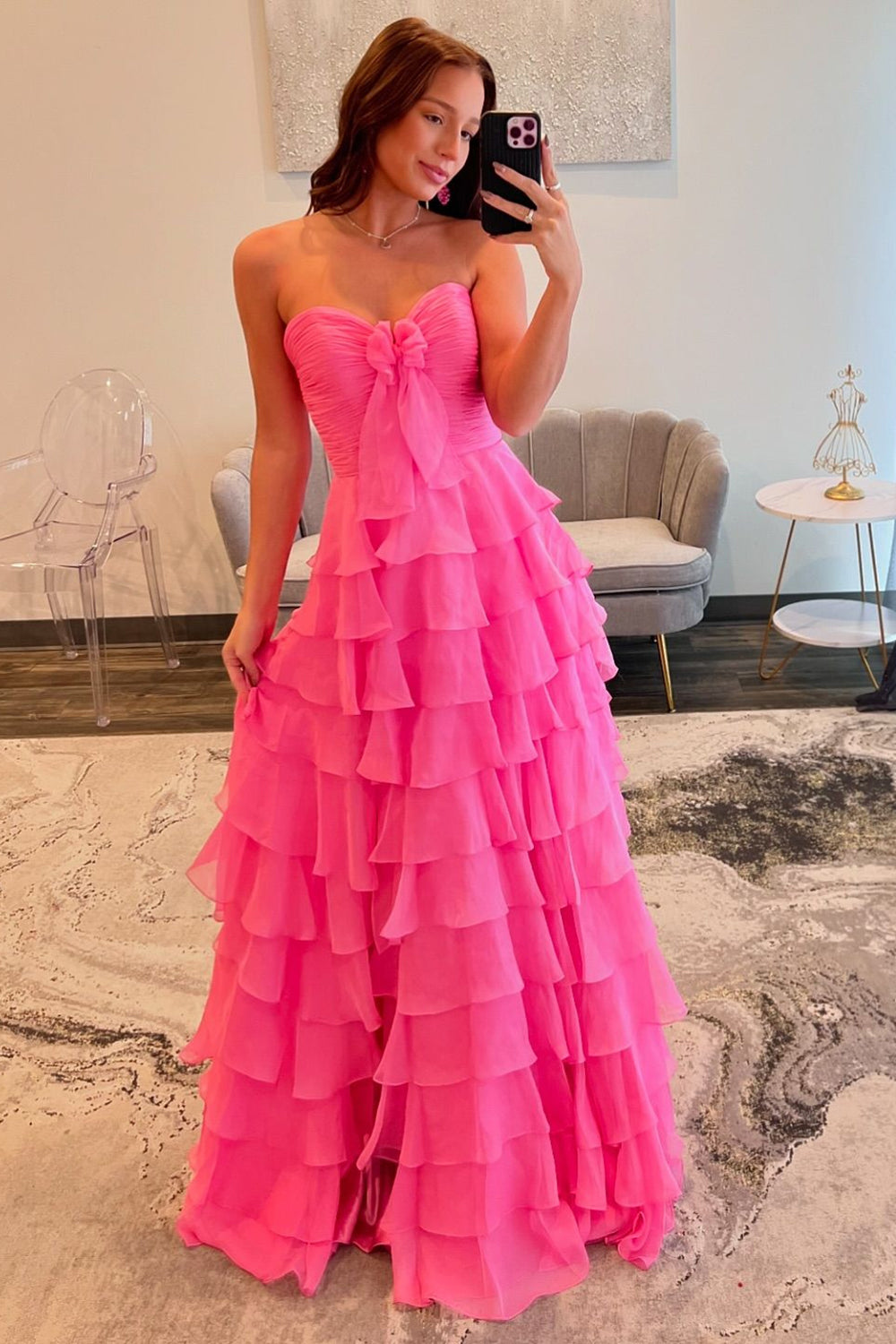 Long A Line Chiffon Prom Dress in Yellow with Strapless Design and Tiered Slit