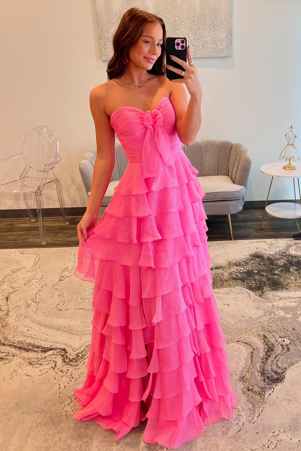 Long A Line Chiffon Prom Dress in Yellow with Strapless Design and Tiered Slit