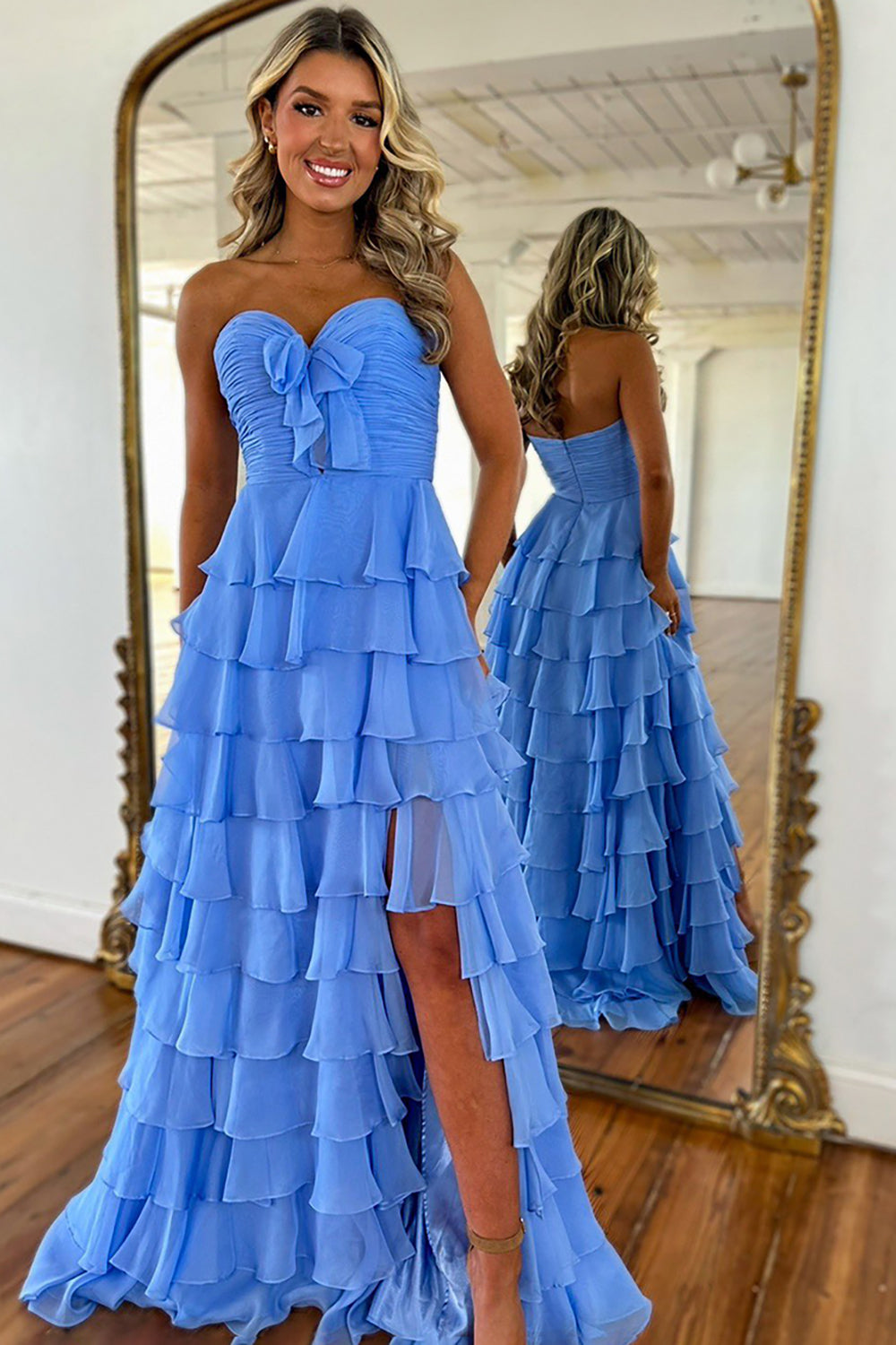 Long Tiered Fuchsia Chiffon Prom Dress with Sweetheart Neckline and Slit