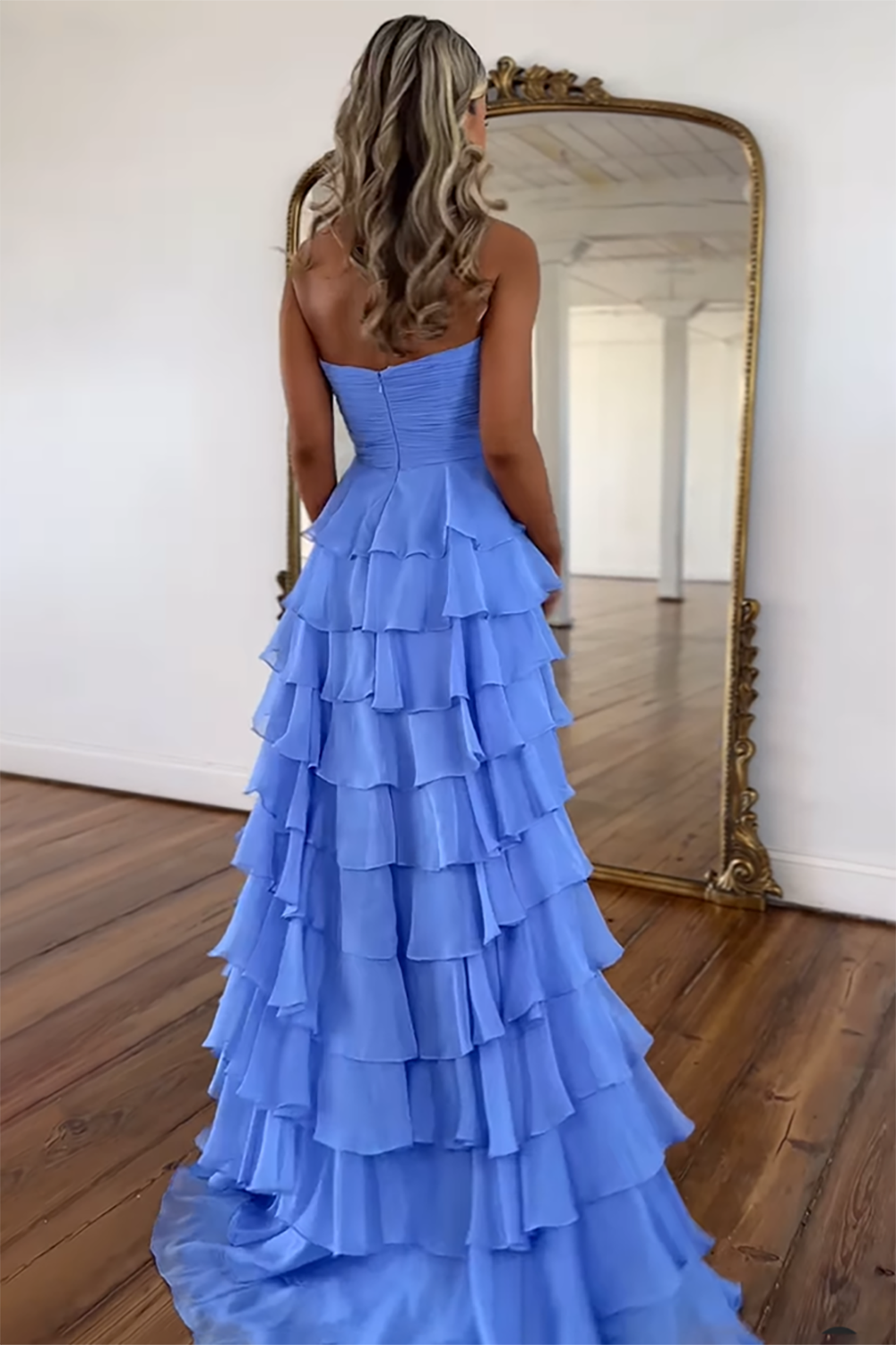 Long Tiered Fuchsia Chiffon Prom Dress with Sweetheart Neckline and Slit