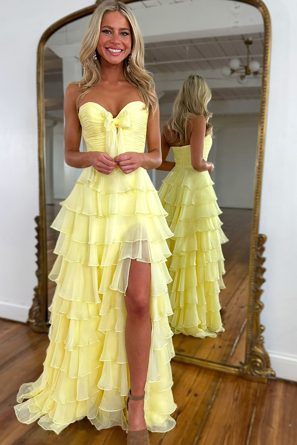 Long Tiered Fuchsia Chiffon Prom Dress with Sweetheart Neckline and Slit