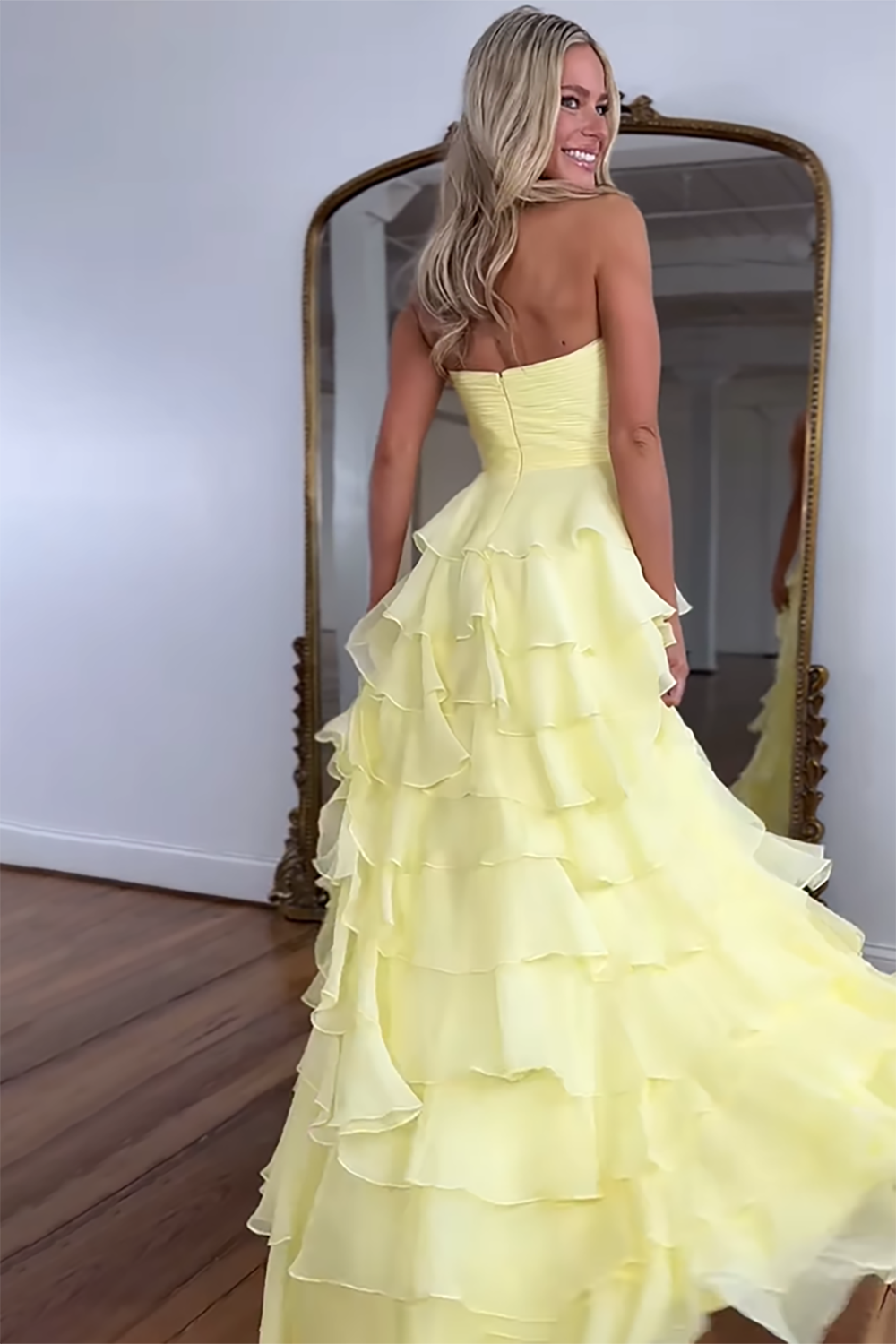 Long Tiered Fuchsia Chiffon Prom Dress with Sweetheart Neckline and Slit