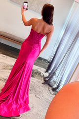 Fuchsia Mermaid Corset Prom Dress with Sparkly Sequins Strapless and Long in Satin