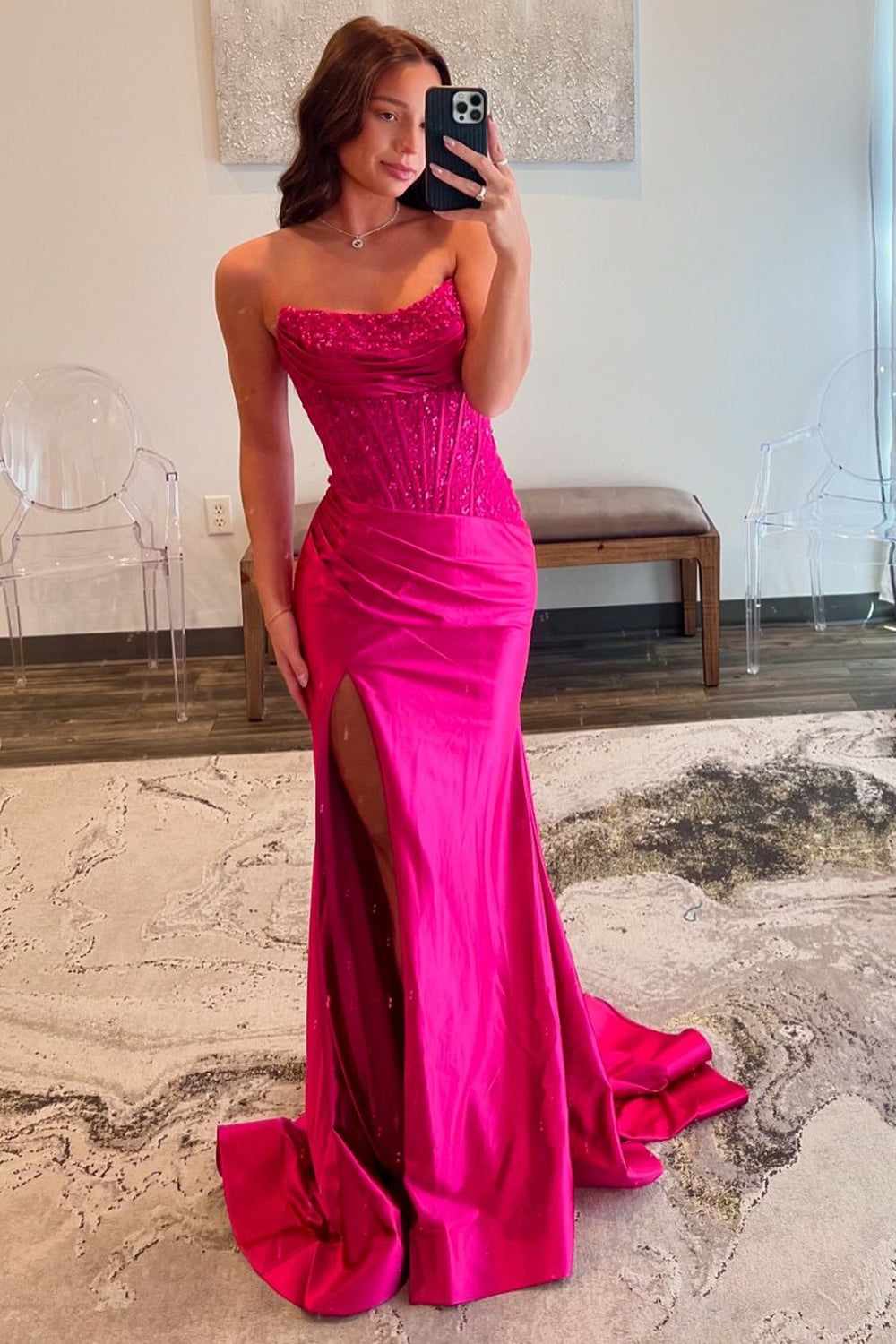 Long Navy Satin Mermaid Prom Dress with Sparkly Strapless Corset and Slit