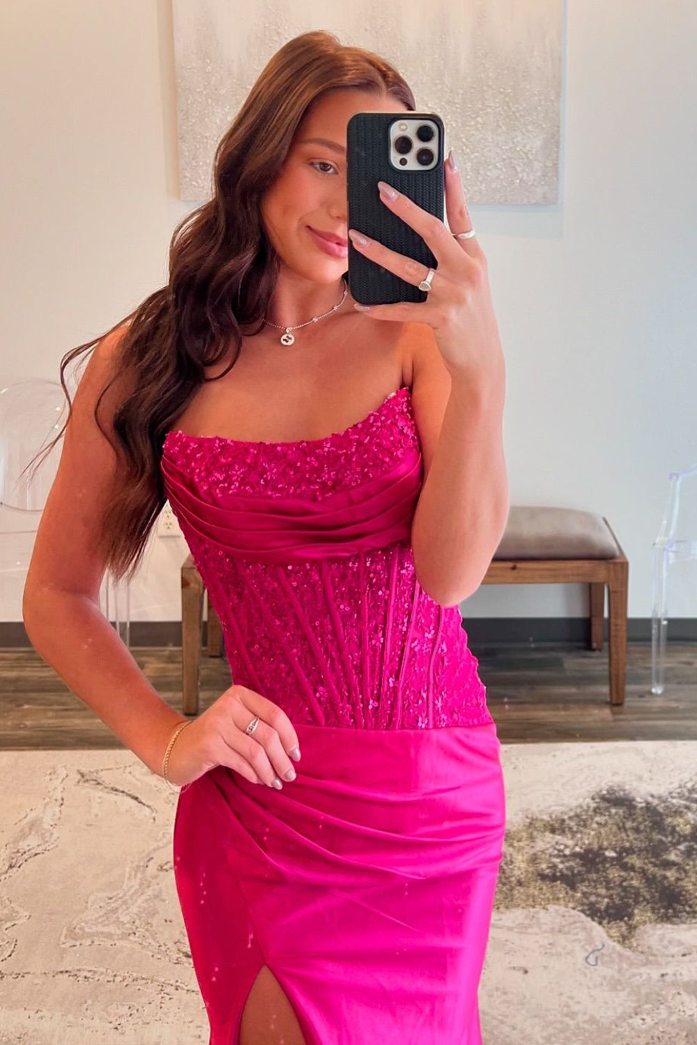 Fuchsia Mermaid Corset Prom Dress with Sparkly Sequins Strapless and Long in Satin