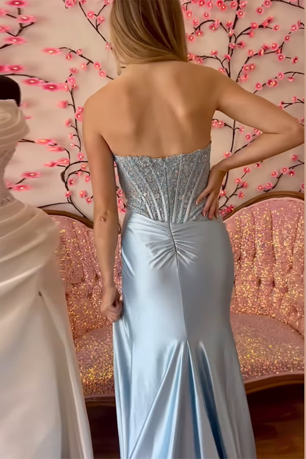 Long Navy Satin Mermaid Prom Dress with Sparkly Strapless Corset and Slit