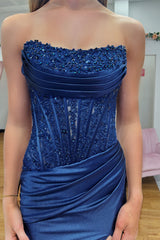 Long Navy Satin Mermaid Prom Dress with Sparkly Strapless Corset and Slit