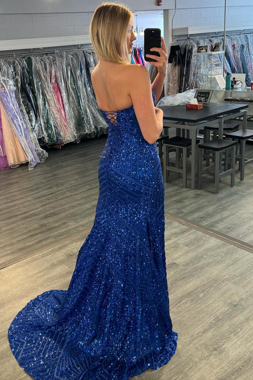 Long Prom Dress with Sparkly Orange Mermaid Sequins and Slit
