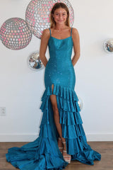 Long Tiered Prom Dress with Sparkly Blue Beaded Meramid Design and Slit
